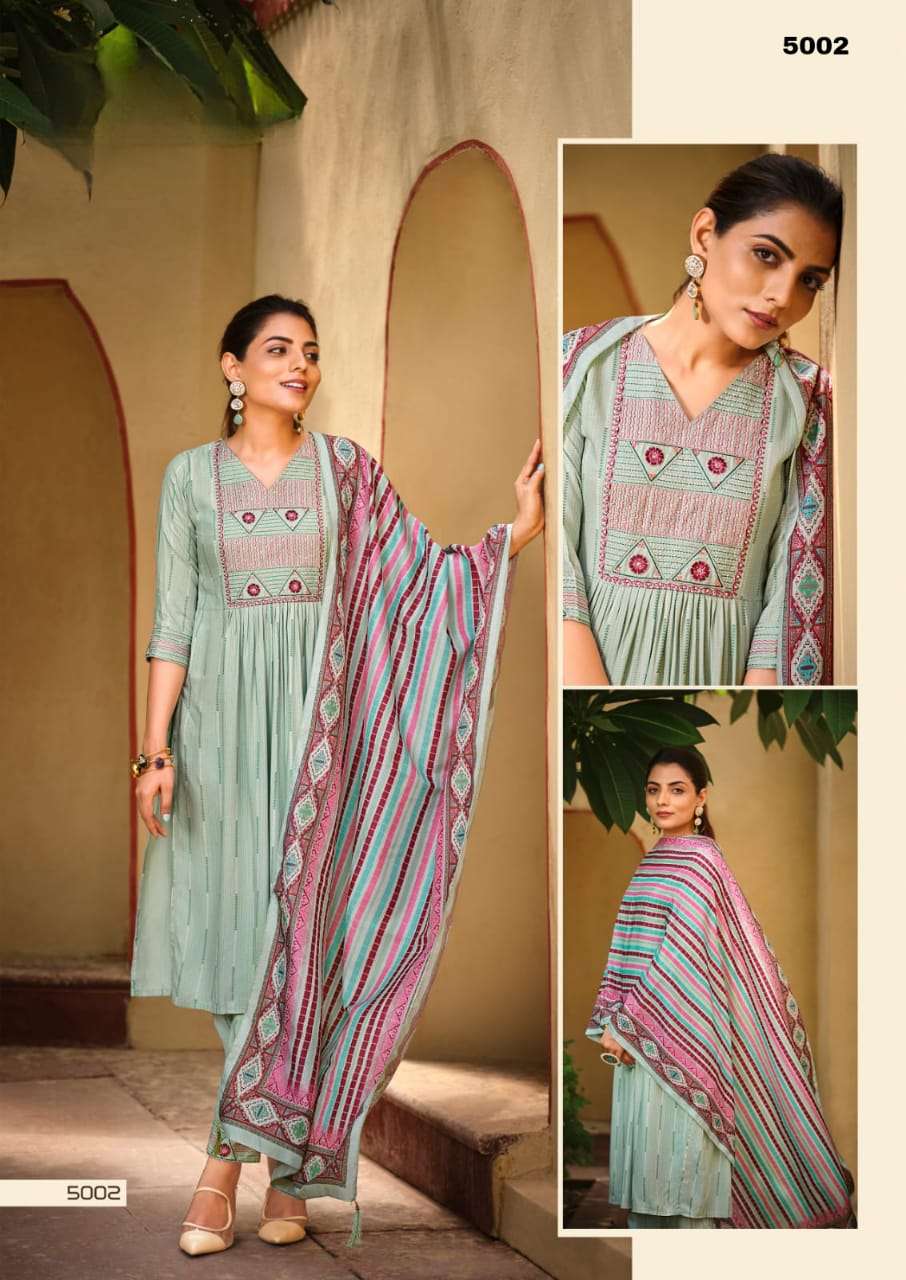 GULMAHOR VOL 2 PREMIUM LIVA TAG RAYON THREAD AND HANDWORK KURTI WITH PANT AND MUSLIN DIGITAL PRINT DUPATTA BY S3FOREVER BRAND 5002